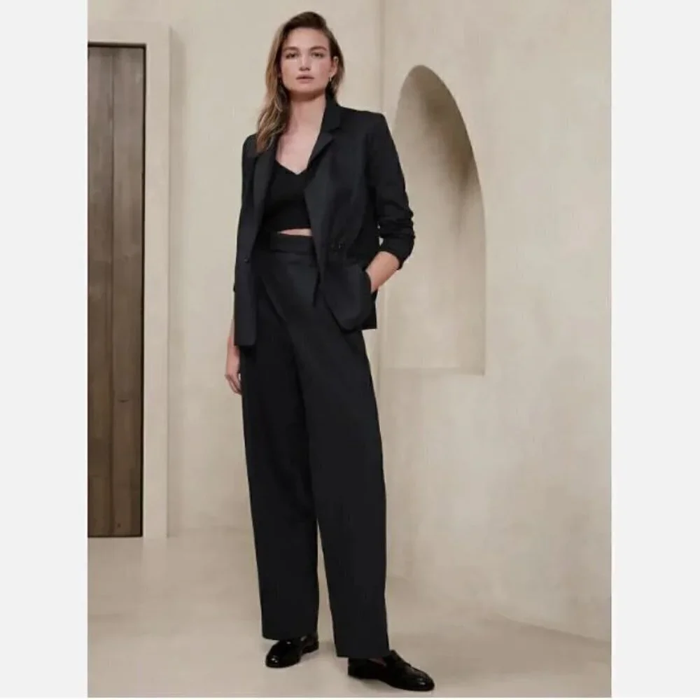 Banana Republic High Rise Pleated Wide Leg Linen Cotton Pants Black Size 8 NWT